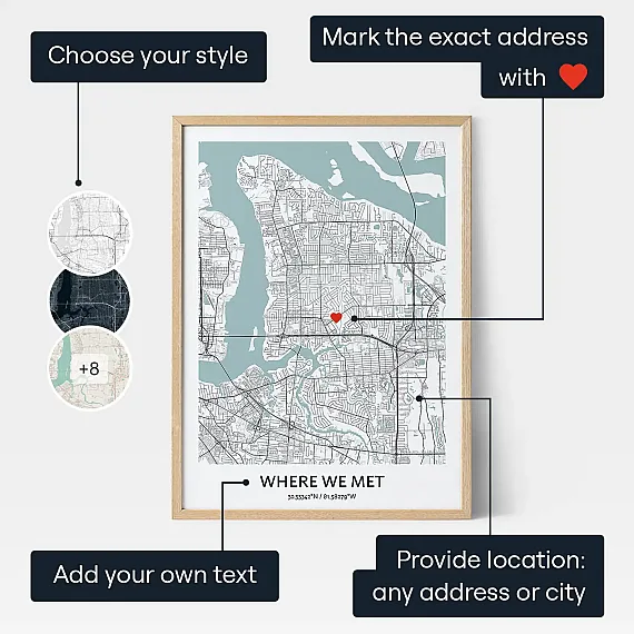 Where We Met map print with labels for style, location marker and custom text