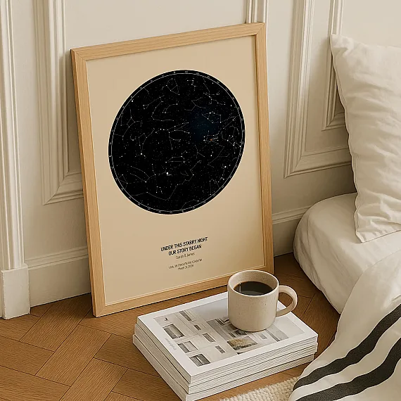 Personalized star map poster leaning against a wall near a bed with a coffee cup and books.