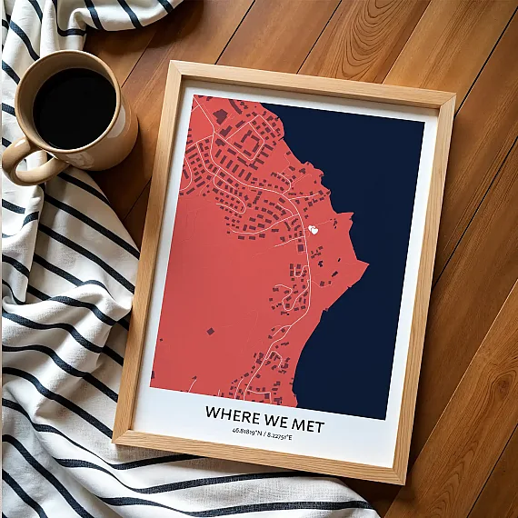 Framed “Where We Met” custom map print with a heart location marker, a thoughtful romantic anniversary gift idea for couples