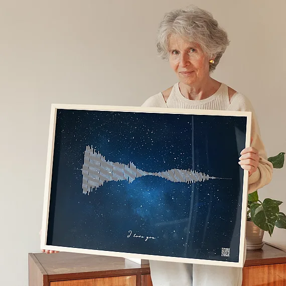 voice recording soundwave wall art personalized print held by woman with night sky background