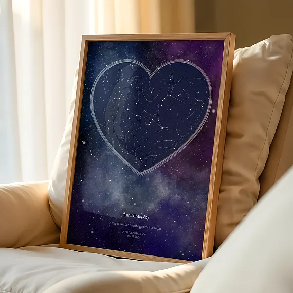 Galaxy-themed heart-shaped Birthday Star Map poster resting on chair cushions.