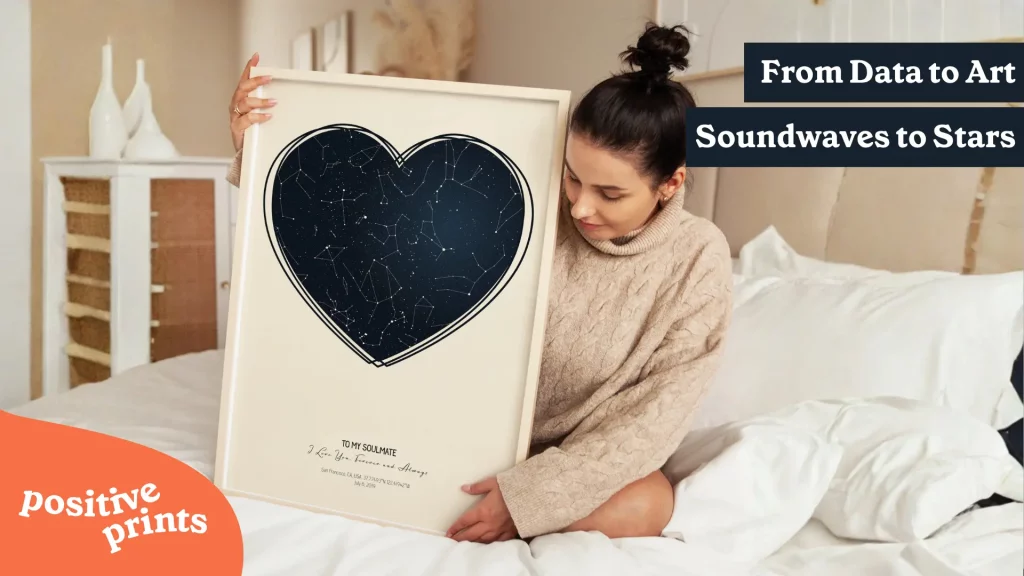 personalized star map heart wall art held by woman in bedroom with custom message and constellation design